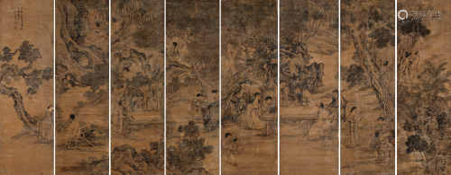 张凤仪 1635年作 安乐昌平图 八屏立轴 设色绢本