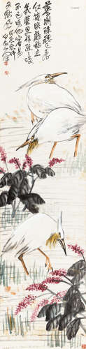 王震 1928年作 红蓼鹭鸶 立轴 设色纸本