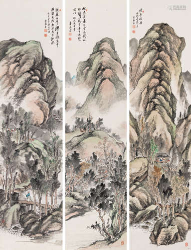 李熙泰 山水 三屏立轴 设色纸本