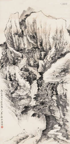 唐澄 1946年作 观瀑图 立轴 水墨纸本