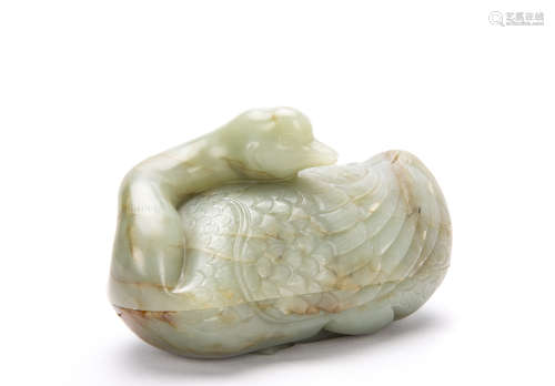 A Chinese White Jade Goose-Shaped Box With Cover