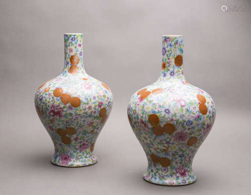 A Pair Of Famille-Rose Mille-Fleur Vases