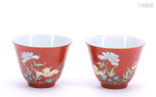 A Pair Of Chinese Coral-Ground Famille-Rose Wine Cups