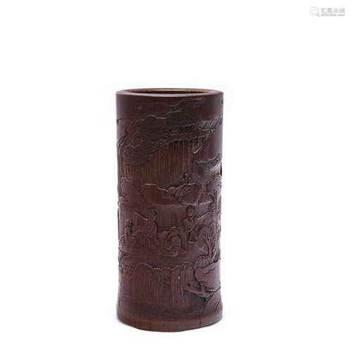 A Chinese Bamboo Brush Pot With Portraiture Design