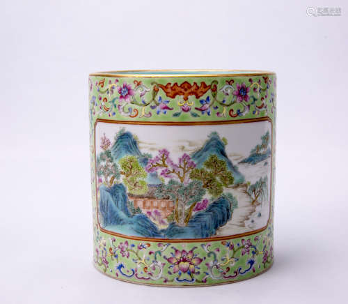 A Chinese Famille-Rose Brush Pot With Mountain View