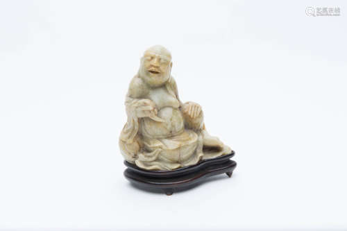 A Carved ShouShan Soapstone LaoHan Figure On Wood Stand