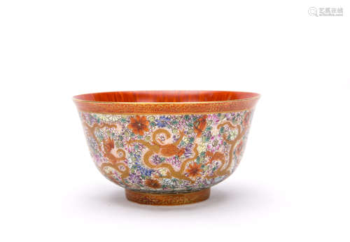 A Chinese Coral Red Ground Famille-Rose Bowl