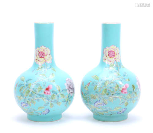 A Pair Of Chinese Turquoise Ground Famille-Rose Vases