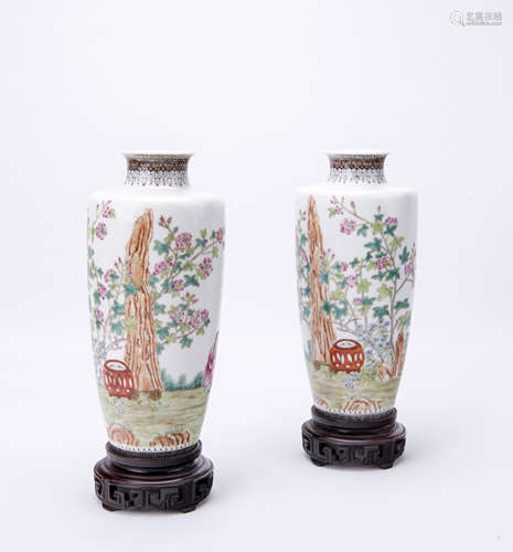 A Pair Of Famille-Rose Vases With Wood Stands