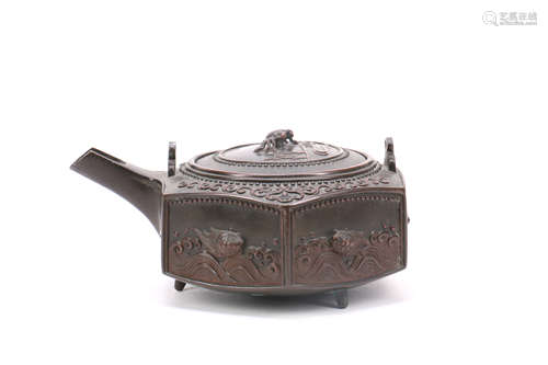 Japanese Bronze Teapot with Crab Scene