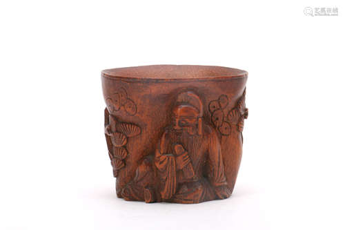 Chinese Carved Bamboo Cup with Figural Decoration