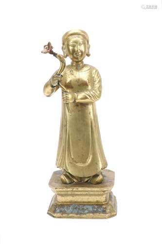 Chinese Bronze Lady with Lotus Stalk