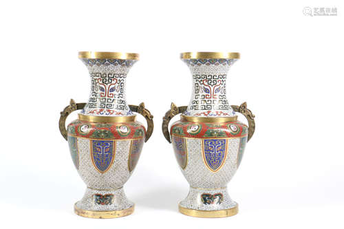 Pair Chinese Cloisonne Vases with Stylized Dragon Handle