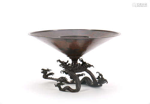 Japanese Bronze Ikebana with Wave Scene