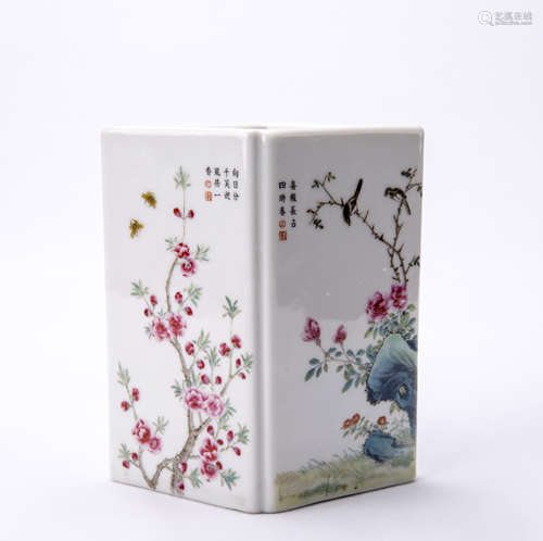 Chinese Famille-Rose Rhombic Porcelain Brush Pot