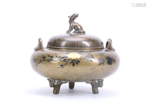 Japanese Bronze Mixed Metal Censer with Floral Decoration