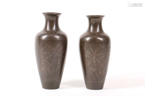 Pair Chinese Bronze Vase with Silver Wire Inlay