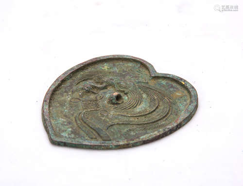 Chinese Heart Shaped Bronze Mirror with Peacocks