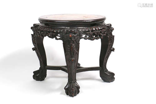 Chinese Carved Circular Hardwood Stand with Soapstone Top