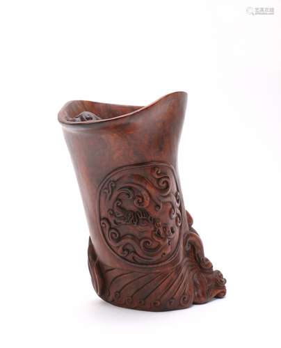 Chinese Carved Hardwood Brush Pot