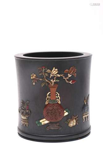 Chinese Carved Wood Brush Pot with Stone and Bone Inlaid