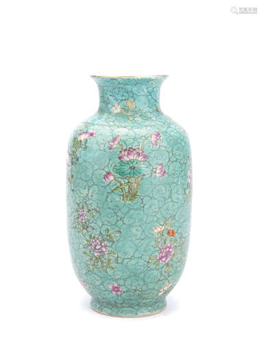 Chinese Green Ground Famille-Rose Porcelain Vase