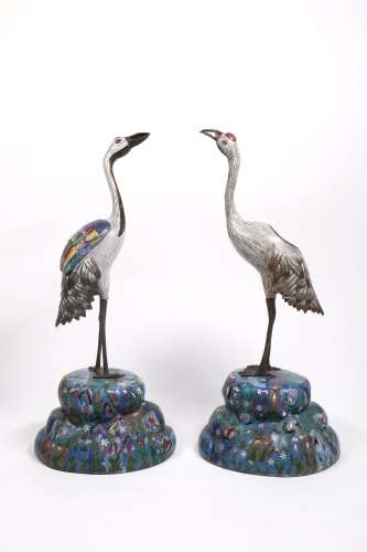 Pair Chinese Cloisonne Cranes Censers