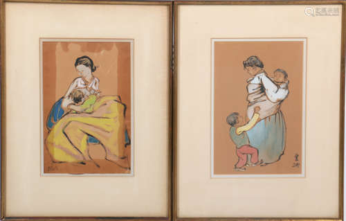 Pair of Korean Painting of Mother and Child