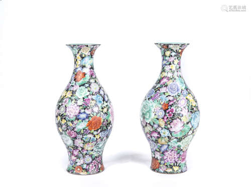 Pair of Chinese Famille-Rose Glazed Porcelain Vases