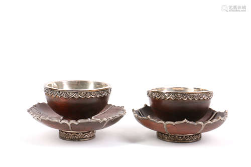 Pair Tibetan Chinese Silver and Wood Praying Bowls