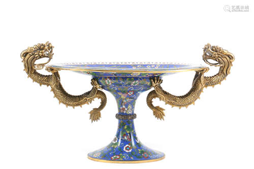 Chinese Cloisonne Tazza with Gilt Bronze Dragon Handle