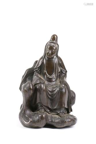 Chinese Bronze Kuanyin Seated on Rock