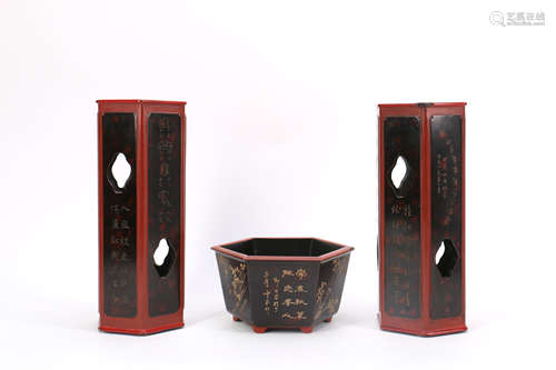 Set of Three Chinese Lacquer Hat Vases and Planters