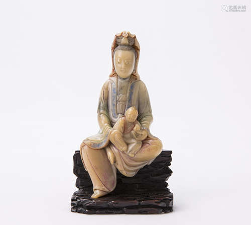 Chinese Carved Shoushan Stone and Wood Base Decoration 