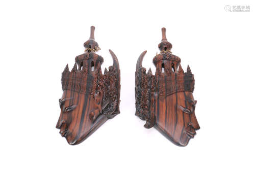 Pair Southeast Asia Rosewood Dancer Face