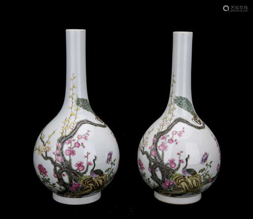 Pair of Chinese Famille-Rose Long Neck Porcelain Vases