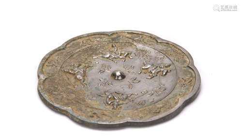 Chinese Bronze Mirror with Grazing and Hunting Figural Decoration