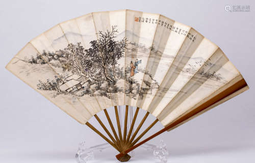 Chinese Paper Painting Fan with Wood Frame