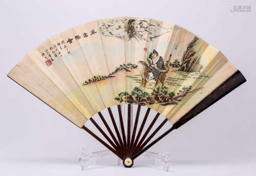 Chinese Paper Painting Fan with Wood Frame