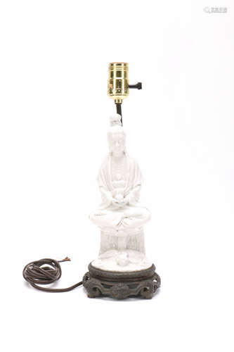 Chinese White Glazed Figure of Seated Guanyin Lamp