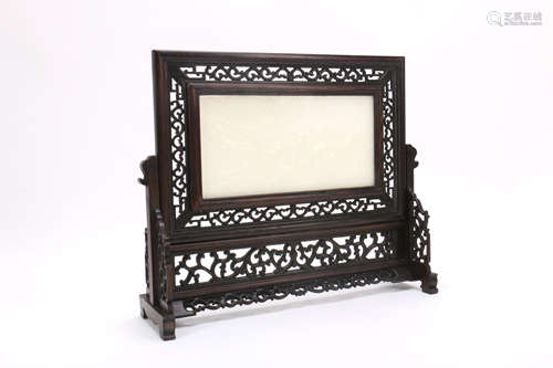 Chinese Carved Hardwood Table Screen with Jade