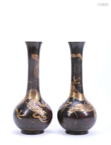 Pair Japanese Bronze Vases with Lacquered Dragon Motif