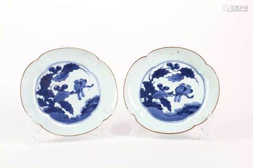 Pair Japanese Blue White Arita Porcelain Dishes