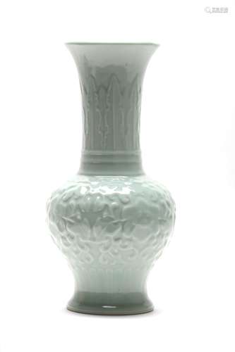 Chinese Celadon Porcelain Vase with Embossed Floral Scene