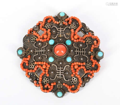 Chinese Silver Pin with Coral and Turquois