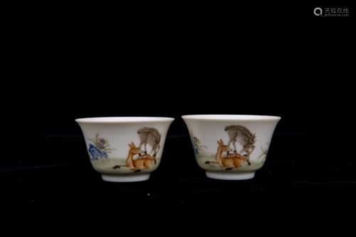 Pair of Chinese Porcelain Cups with Deer Decoration