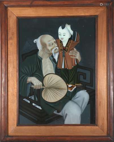 Chinese Reverse Painting of Oldman with Child