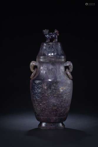 紫玛瑙雕狮钮象耳饕鬄纹扁瓶
