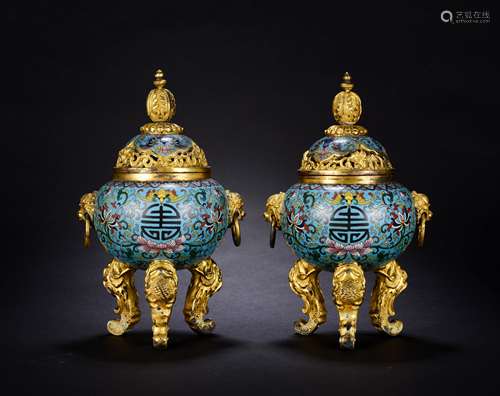 PAIR CHINESE GILT BRONZE CLOSIONNE TRIPOD CENSERS