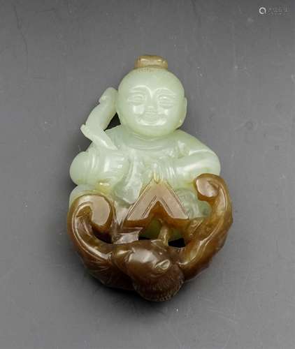 CHINESE MING DYNASTY HETIAN JADE, BOY AND BAT